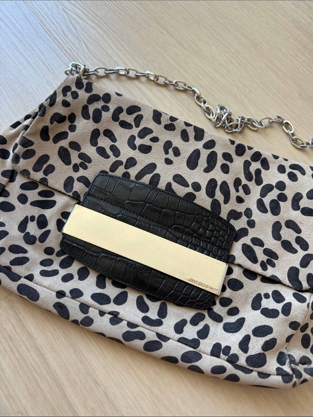 Jimmy Choo Leopard Print Shoulder Bag with Black Croc Accent and Gold Bar